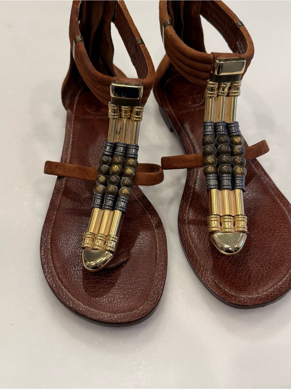 Tory Burch Carla Flats Beaded Leather Sandals Gladiator Style size 8 RARE - Picture 3 of 16